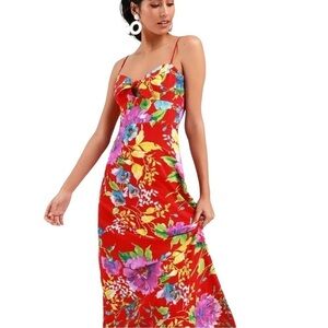 Lulu’s Santiago Red Tie Front Floral Maxi Dress w/ Adjustable Straps